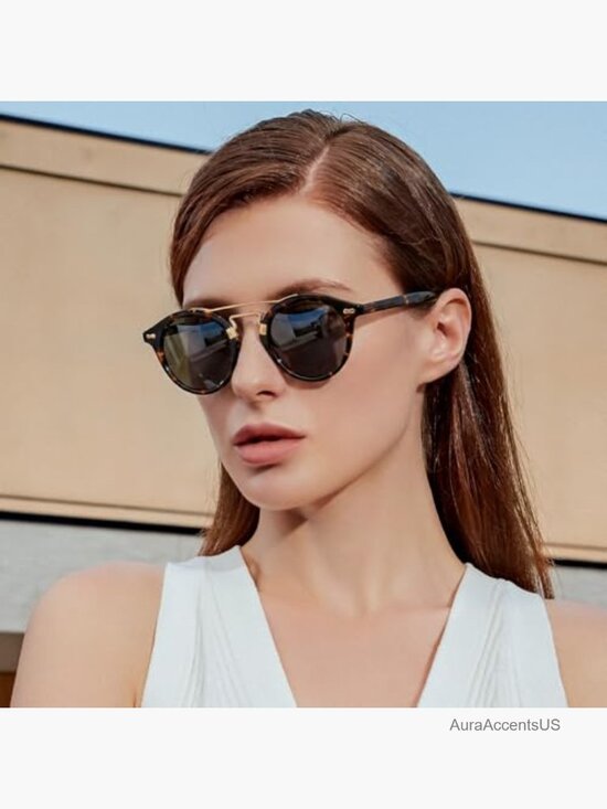 Vintage Retro Round Sunglasses for Women Double Bridge Acetate Frame Polarized main image 7